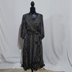 DKNY dress mock wrap chain striped sheer black beige size 6 midi lined new NWT